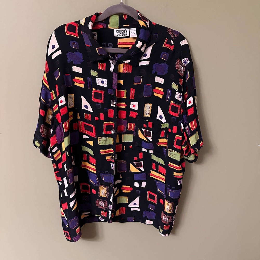 Chicos Design Abstract Art To Wear Artsy Rayon Button Up‎ Shirt Top Size 3/XL